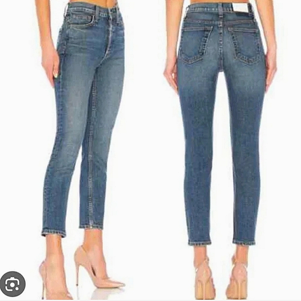 RE/DONE High Rise Ankle Crop Jeans in Vintage Stone Wash Stretch Size 25